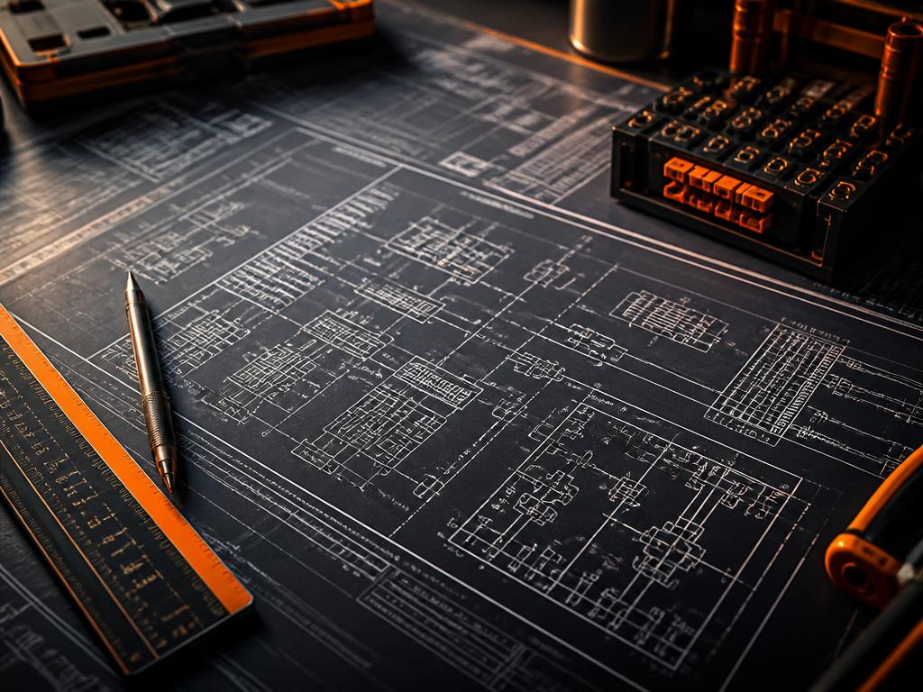 Projeto elétrico técnico com prancha e instrumentos de desenho